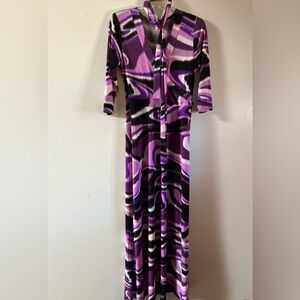 Got Style Maxi Wrap Dress Black & Purple Design Stretch Belted Maxi Long